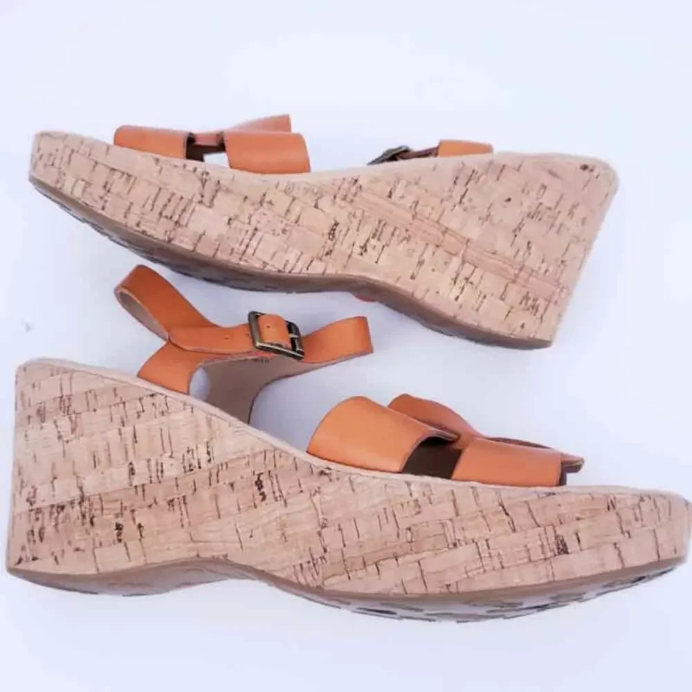 Korks by Kork Ease Leather Wedge Sandal 9M Open Toe, Ankle Strap, Orange Tan